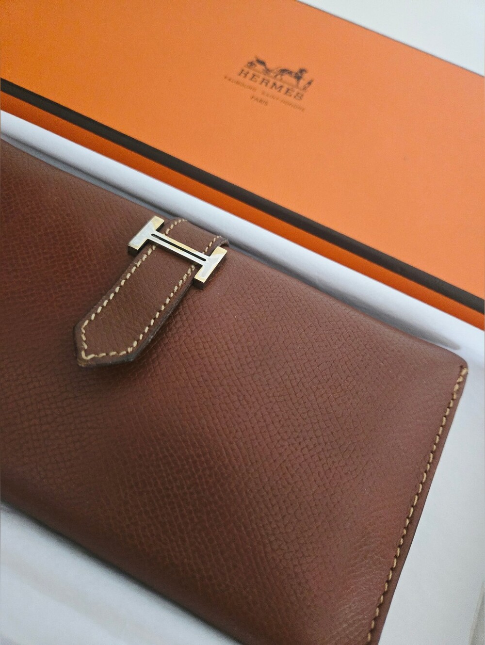Authentic HERMES Bearn Soufflet Bifold Brown & Gold Iconic "H" Wallet Clutch Set